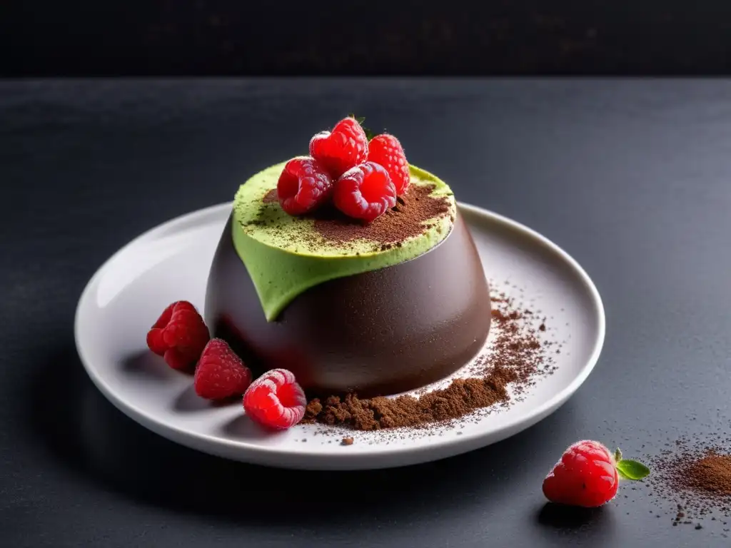 Un postre orgánico y bajo en calorías: exquisita mousse de aguacate con chocolate, frambuesas frescas y cacao en polvo sobre un elegante plato blanco