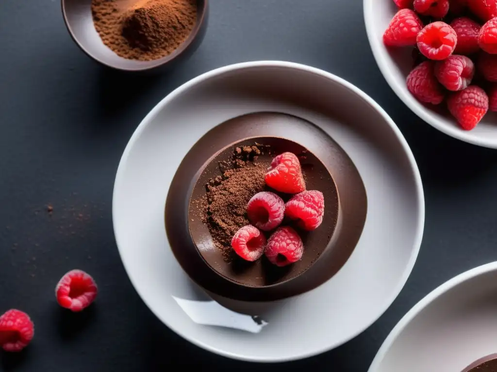 Postres saludables restaurantes orgánicos: Detalle de exquisito mousse de chocolate y aguacate con frambuesas frescas y cacao en elegante bol blanco