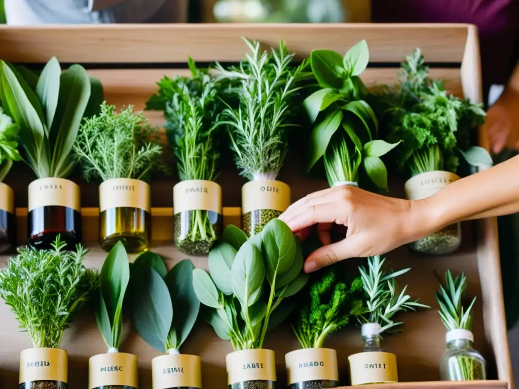 Un practicante de medicina tradicional selecciona hierbas frescas y orgánicas en el mercado, transmitiendo pureza y conexión con la naturaleza