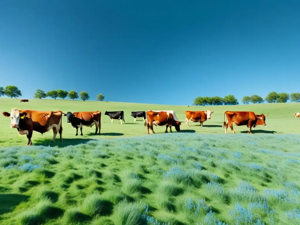 Prácticas de bienestar animal ganadería orgánica: Pastor tranquilo con ganado orgánico disfrutando de un verde exuberante bajo el cielo azul