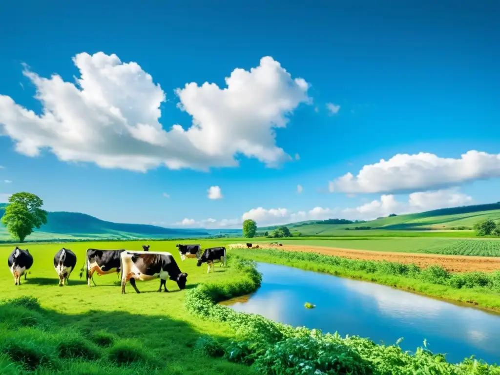 Prado verde exuberante con vacas felices, cultivos orgánicos vibrantes y un arroyo cristalino bajo un cielo azul brillante