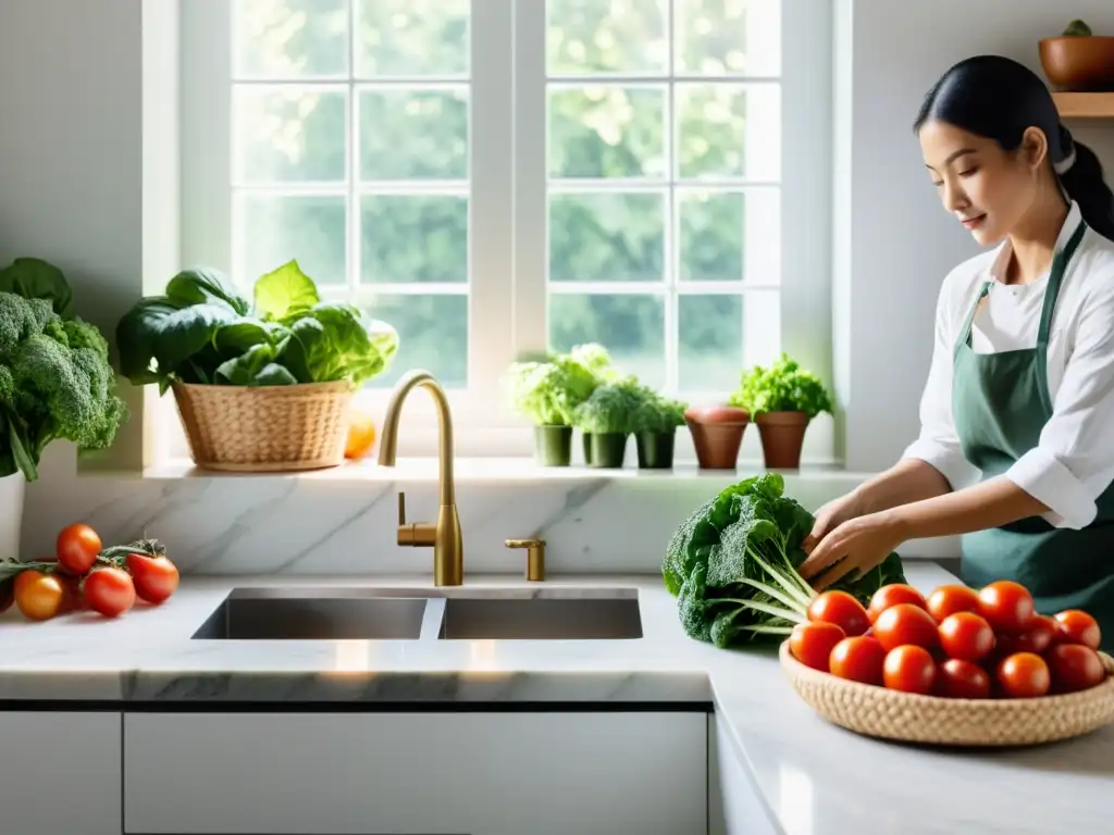 Preparación de alimentos orgánicos en una cocina serena y minimalista, con productos frescos y una encimera de mármol