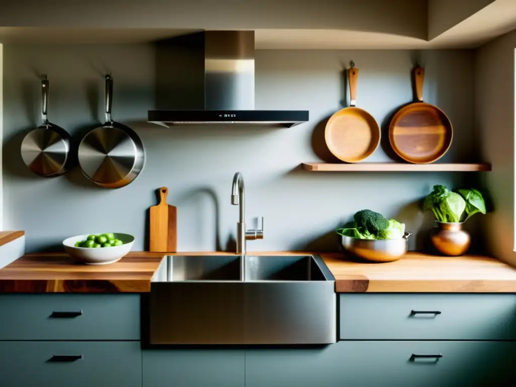 Preparación de alimentos orgánicos en cocina minimalista con electrodomésticos de acero inoxidable, encimeras de madera y verduras frescas