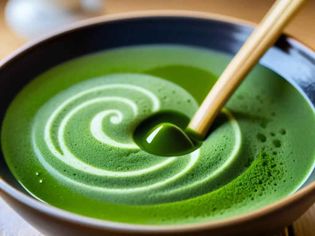 Preparación de matcha orgánico beneficios antioxidantes en un tazón de cerámica tradicional, con burbujas y remolinos hipnotizantes