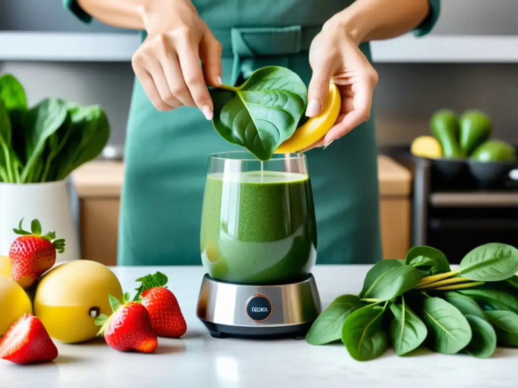 Preparación de recetas de smoothies orgánicos energéticos en una cocina moderna con frutas y verduras frescas