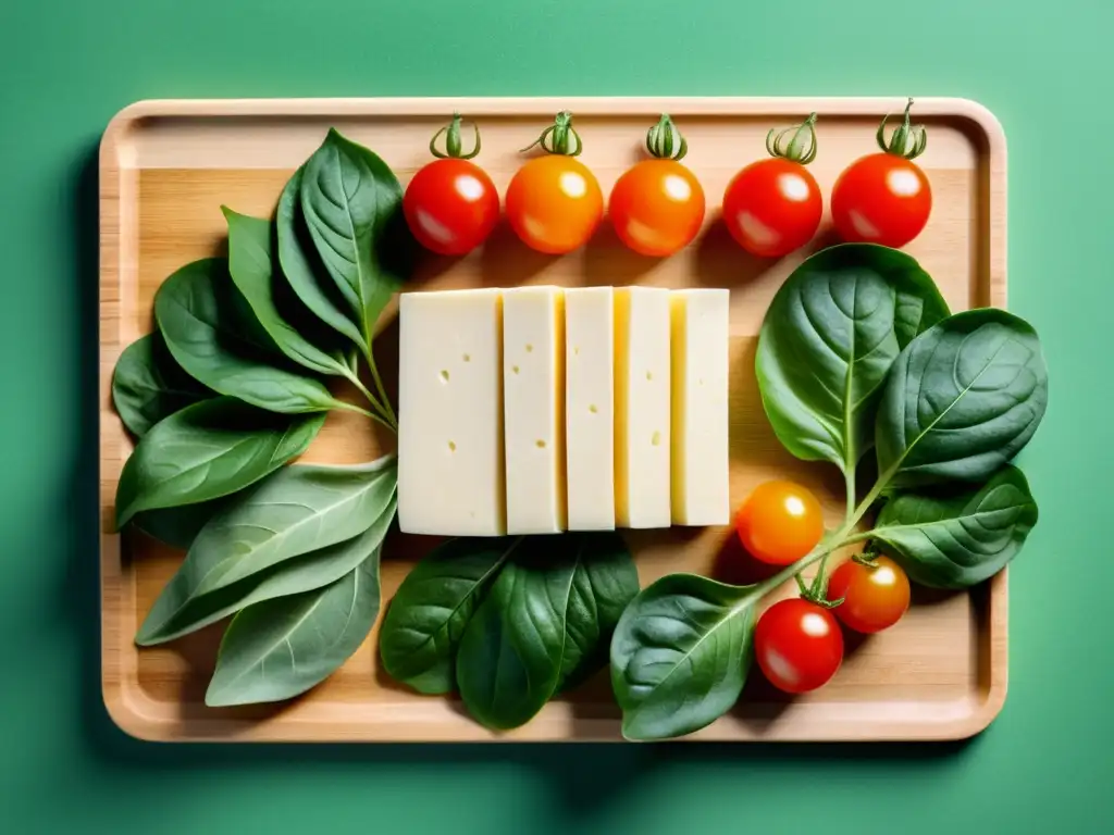 Preparación de tofu con ingredientes orgánicos: rebanadas de tofu, espinacas y tomates en tabla de cortar de madera