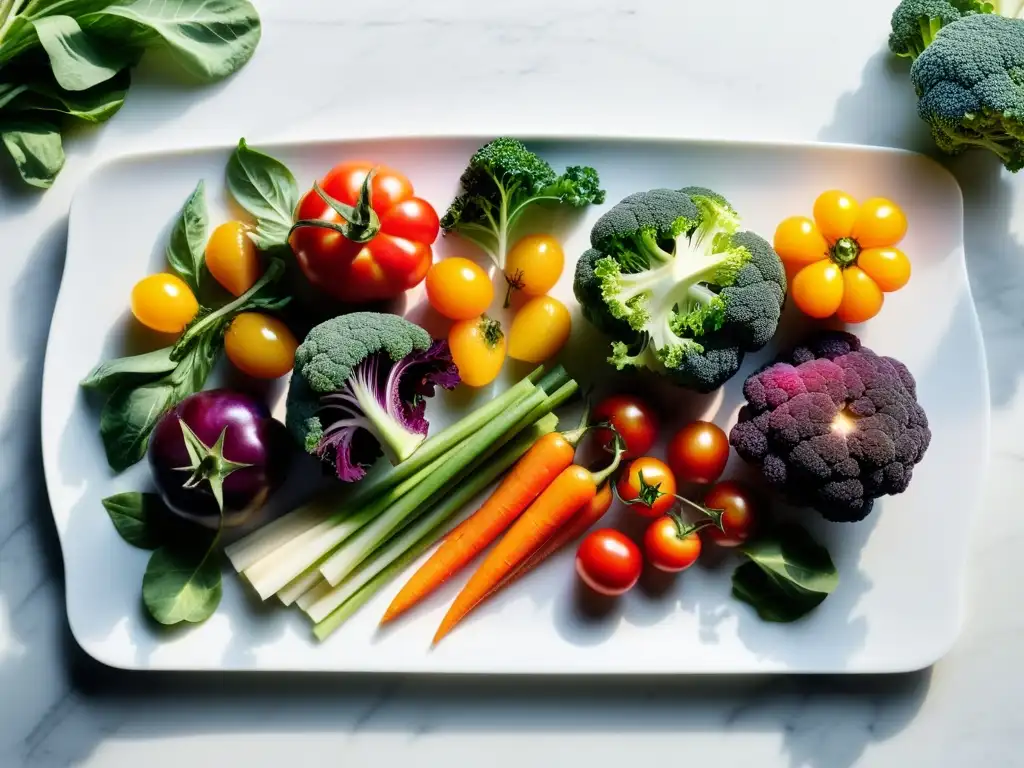 Una presentación exquisita de vegetales orgánicos en una elegante tabla de mármol blanco