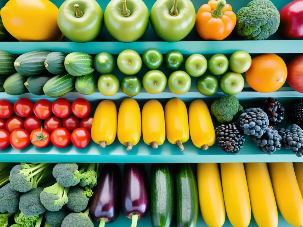 Una presentación fresca y colorida de frutas y verduras orgánicas, perfecta para restaurantes orgánicos para niños