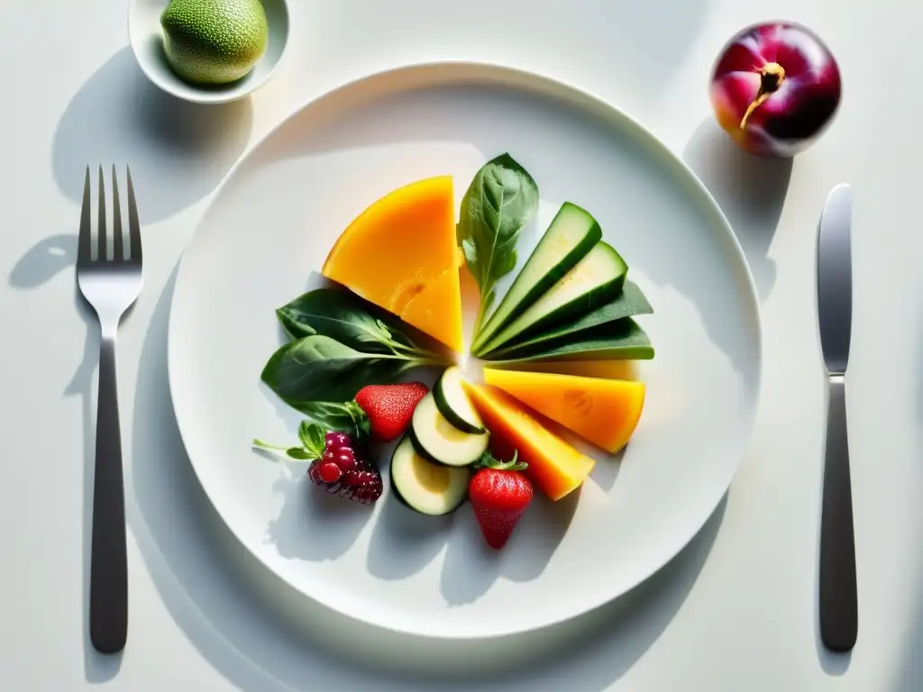 Una presentación hermosa de menú bajo en carbono con una variedad colorida de frutas y verduras orgánicas en un elegante plato blanco moderno