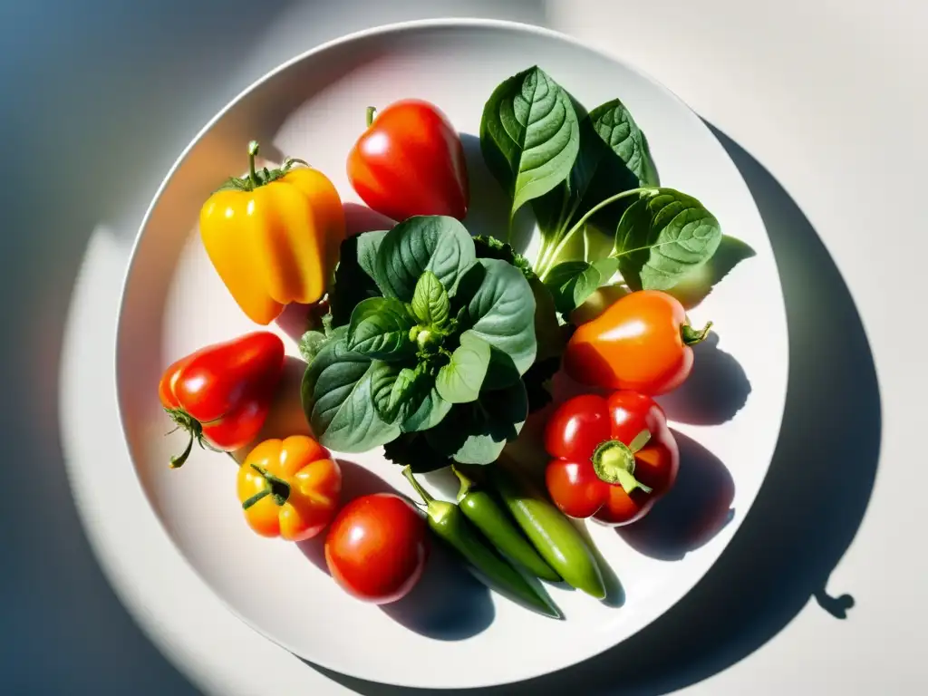 Una presentación vibrante de frutas y verduras orgánicas frescas en un plato blanco moderno