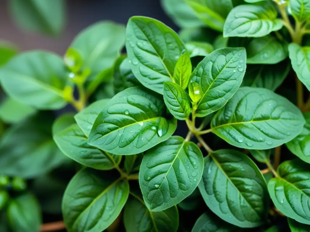 Un primer plano de hojas de albahaca verde vibrante con gotas de rocío, transmitiendo frescura y pureza