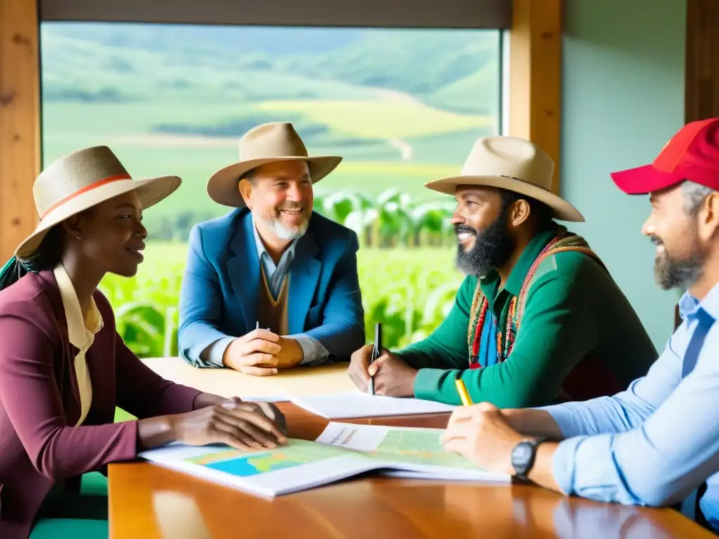 Productores orgánicos y conservacionistas unidos en una sala soleada, discutiendo planes de sustentabilidad y biodiversidad