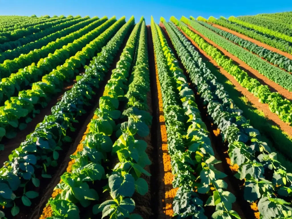 Productores orgánicos cuidando cultivos en una granja vibrante y fértil bajo un cielo azul claro, creando armonía y abundancia