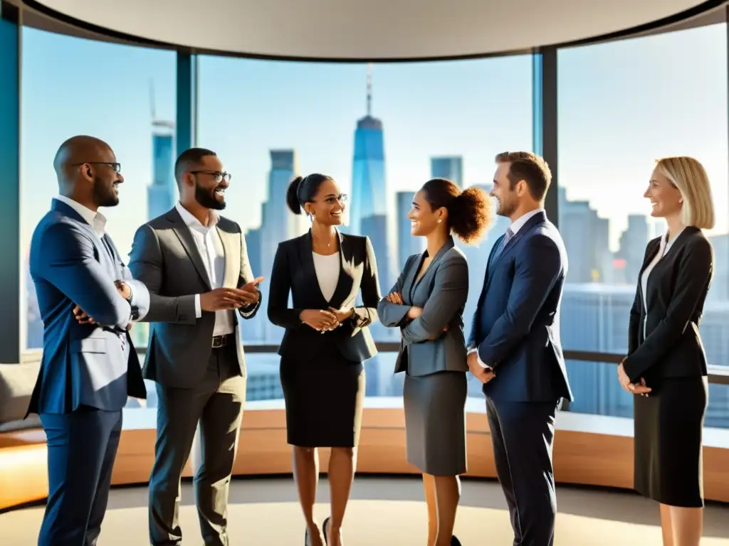 Profesionales discuten estrategias en moderna oficina con vista a la ciudad