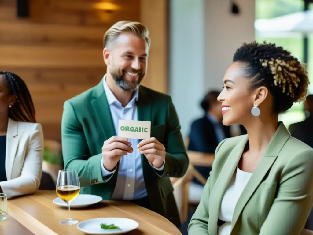 Profesionales disfrutan de un evento networking en un restaurante orgánico con decoración sostenible