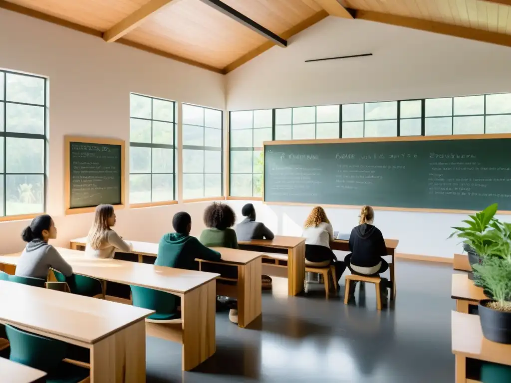 Programas educativos de permacultura y sostenibilidad en aula minimalista luminosa con estudiantes comprometidos y materiales educativos eco-amigables