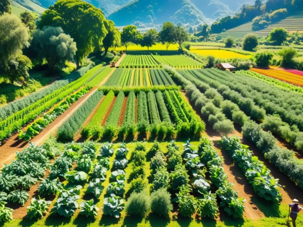 Una próspera granja agroforestal con árboles frutales y vegetales orgánicos, bañada por la luz del sol