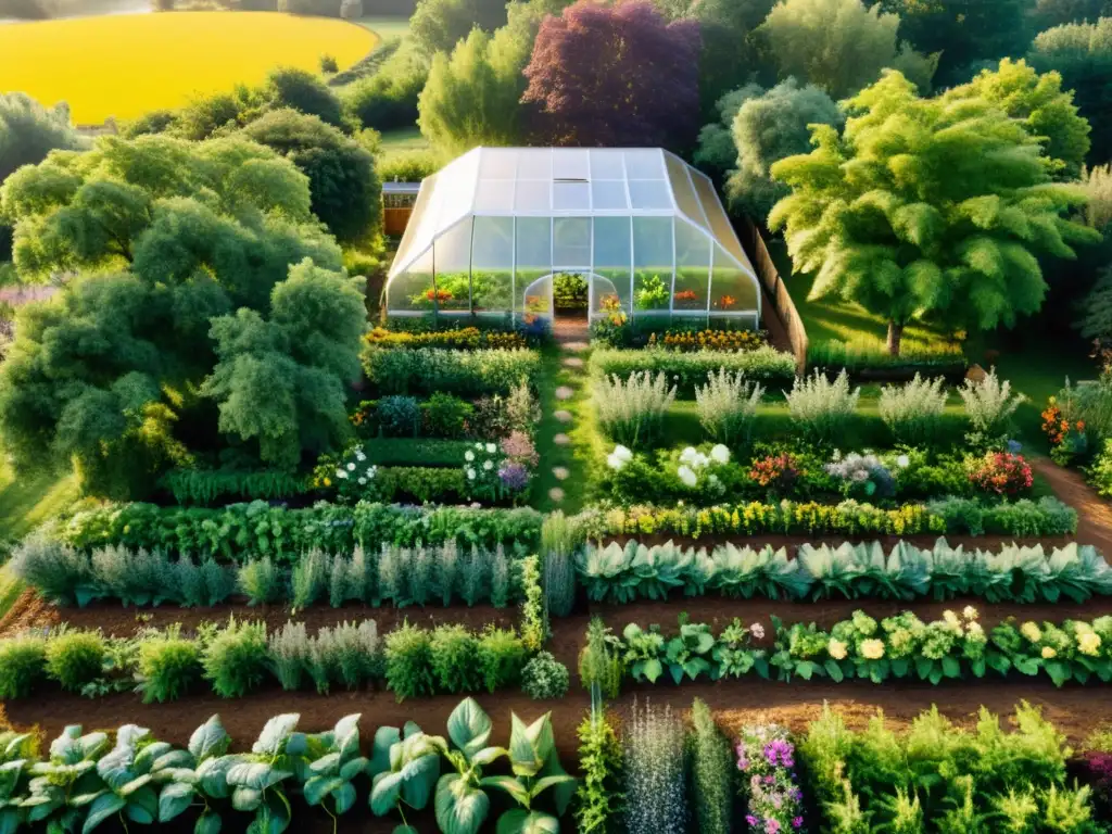 Una próspera granja de permacultura con cultivos orgánicos, árboles frutales, invernadero y flores silvestres, bajo la cálida luz dorada del atardecer