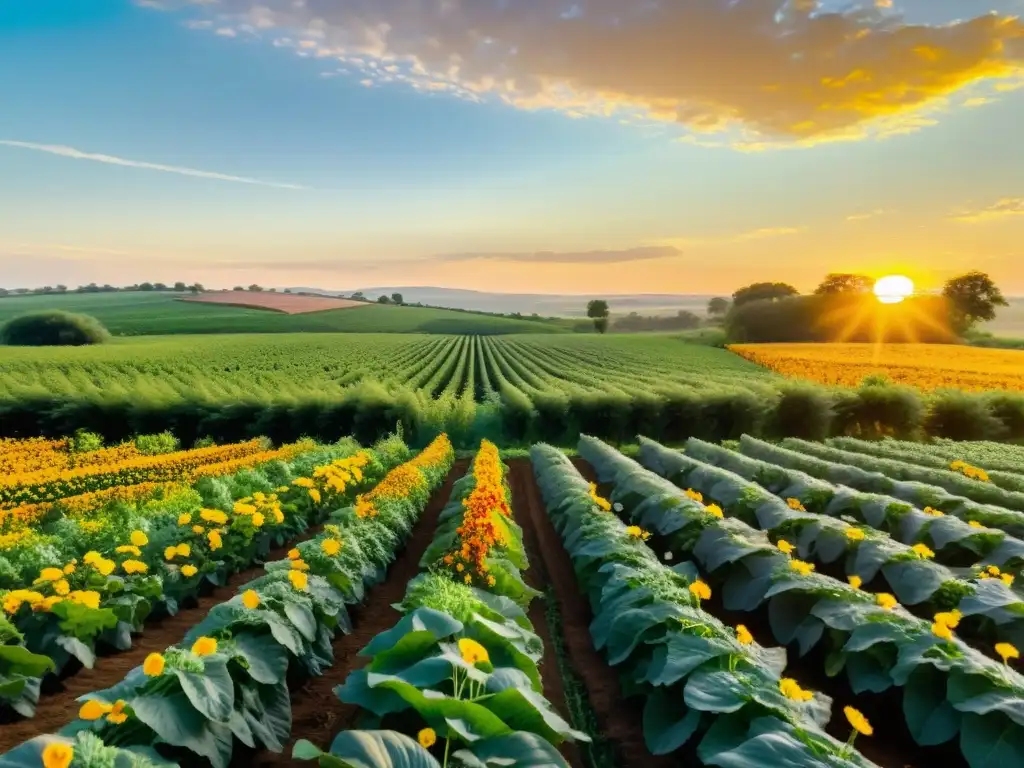 Un próspero campo agroecológico con diversidad de cultivos, bañado por la cálida luz del atardecer