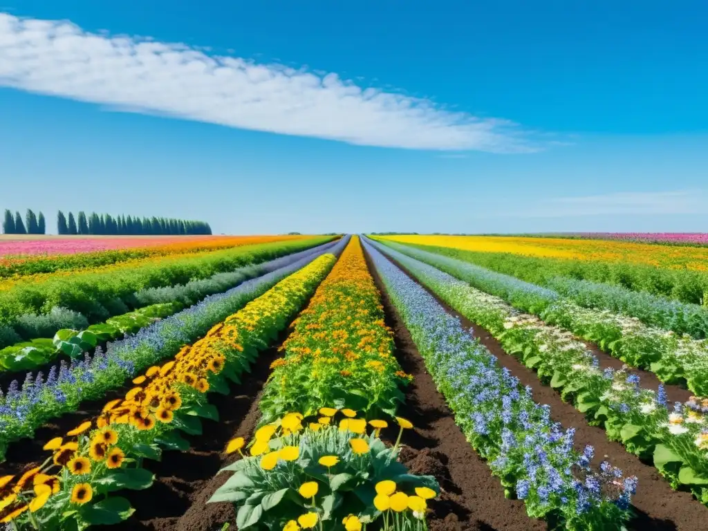 Un próspero campo de cultivos orgánicos, con diversidad de plantas y biodiversidad