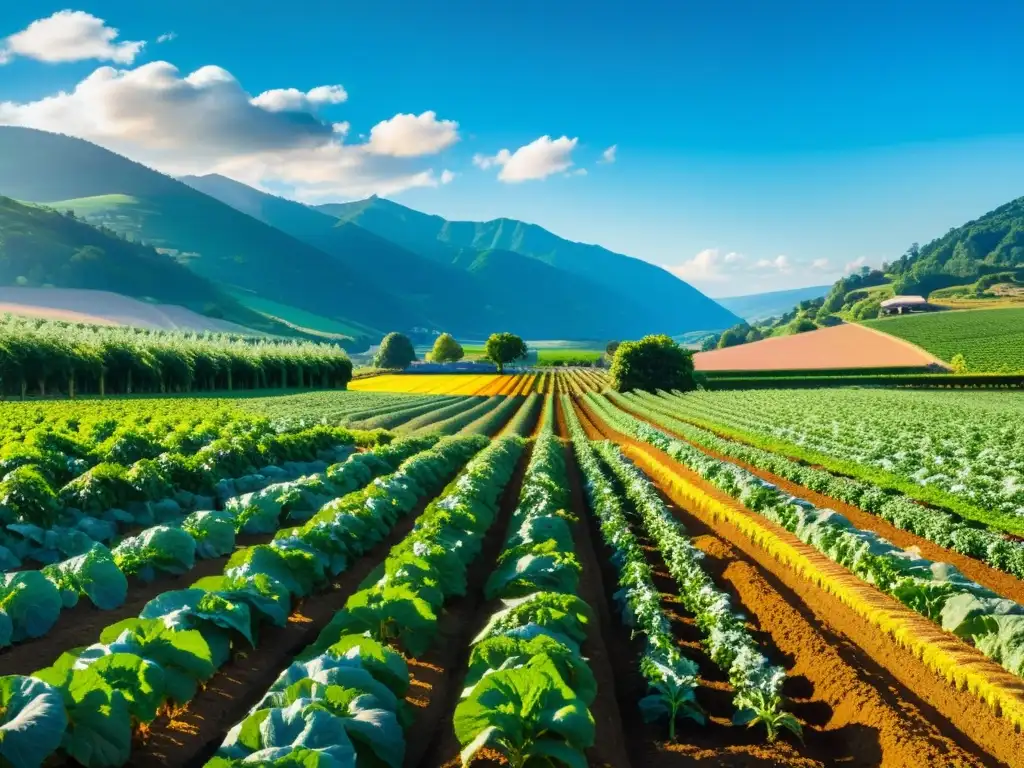 Un próspero campo orgánico con hileras de frutas y vegetales coloridos bajo el cálido sol