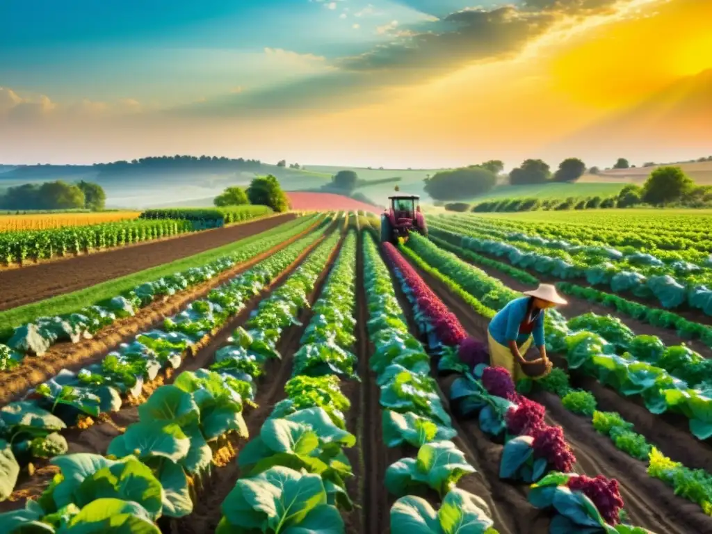 Un próspero campo orgánico con hortalizas y frutas coloridas bañadas por el sol