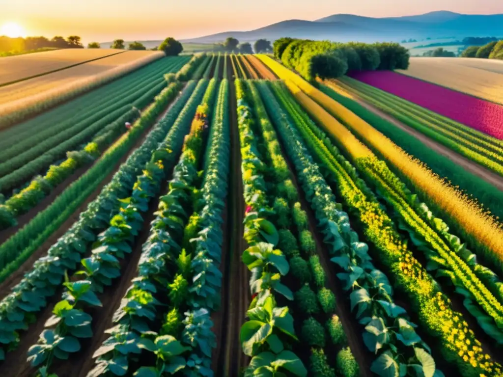 Un próspero cultivo orgánico al atardecer, con abejas y mariposas revoloteando