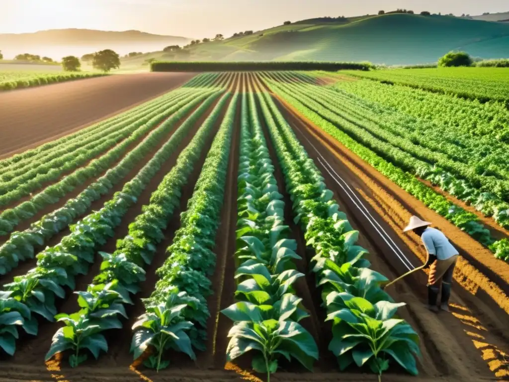 Un próspero cultivo orgánico avanzado con agroecología, bañado por la cálida luz dorada del sol