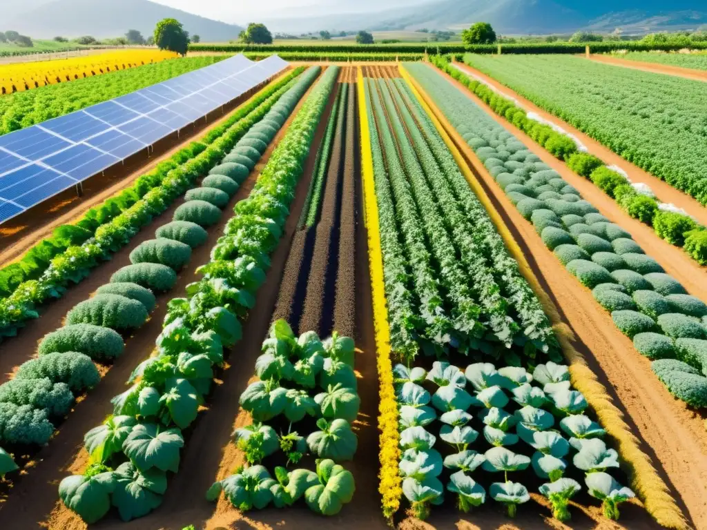 Un próspero cultivo orgánico avanzado con agroecología, donde la tecnología y la naturaleza se integran armoniosamente bajo el cálido sol