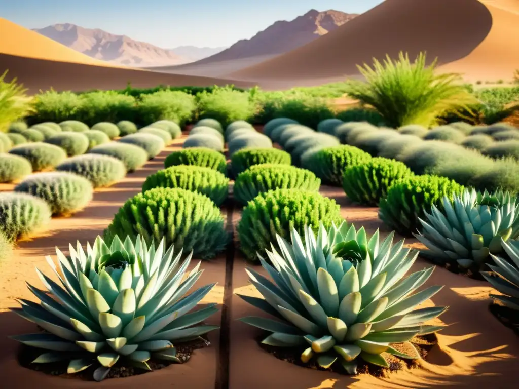 Jardín orgánico próspero en el desierto, con plantas verdes vibrantes y técnicas de cultivo orgánico en desierto innovadoras