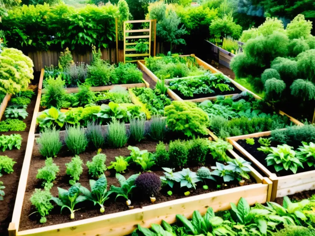 Un jardín de permacultura próspero y exuberante, con camas elevadas de vegetales, frutas y hierbas intercaladas