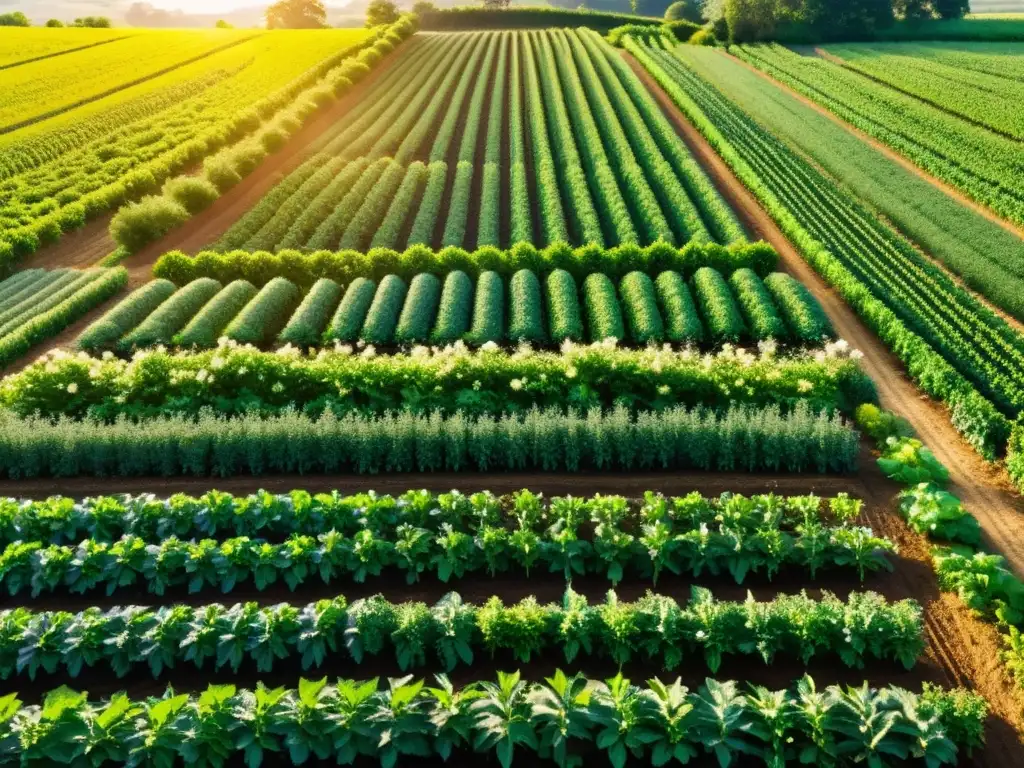 Un próspero y exuberante cultivo orgánico se extiende hasta el horizonte bajo el cálido sol dorado