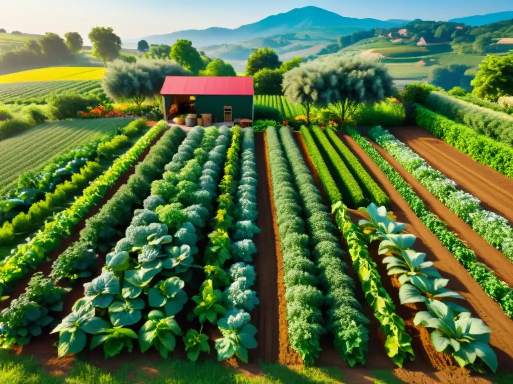 Un próspero huerto orgánico con combinaciones ganadoras de cultivos, bañado por la suave luz del sol y la armonía de la naturaleza