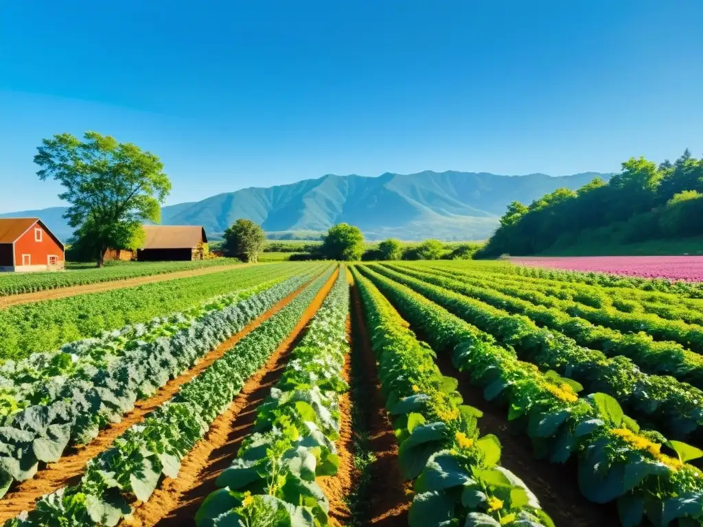 Un próspero huerto orgánico con cultivos coloridos bajo el sol