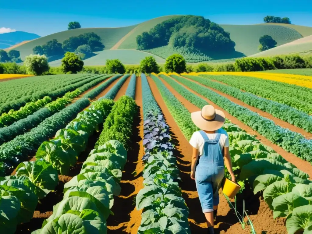 Un próspero huerto orgánico con cultivos coloridos y gran vitalidad, bajo un cielo azul