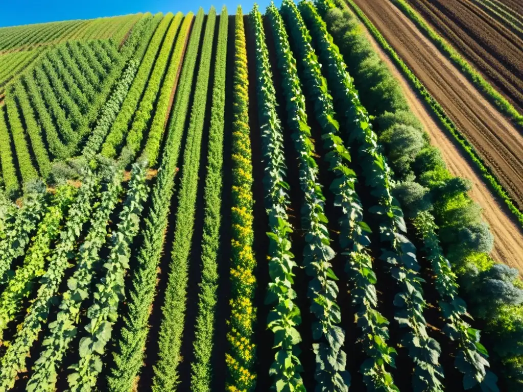 Un próspero huerto orgánico con cultivos perfectamente alineados bañados por la luz del sol