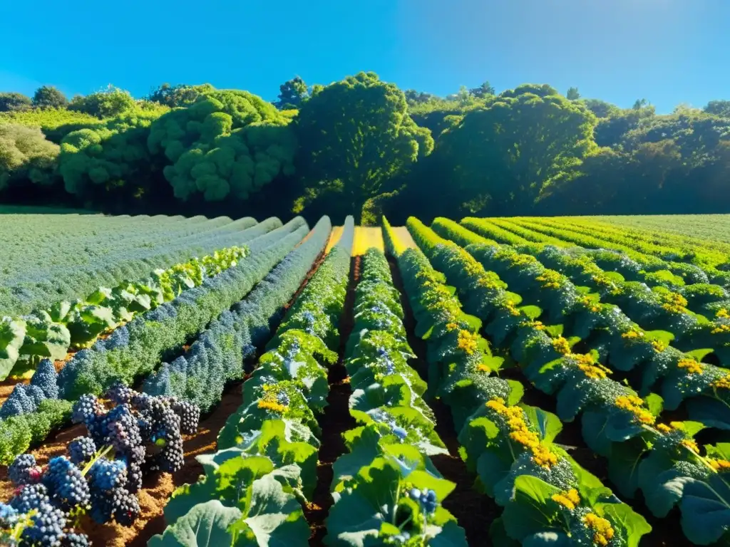 Un próspero huerto orgánico con cultivos vibrantes de superalimentos como kale, arándanos y quinua bajo el cielo azul