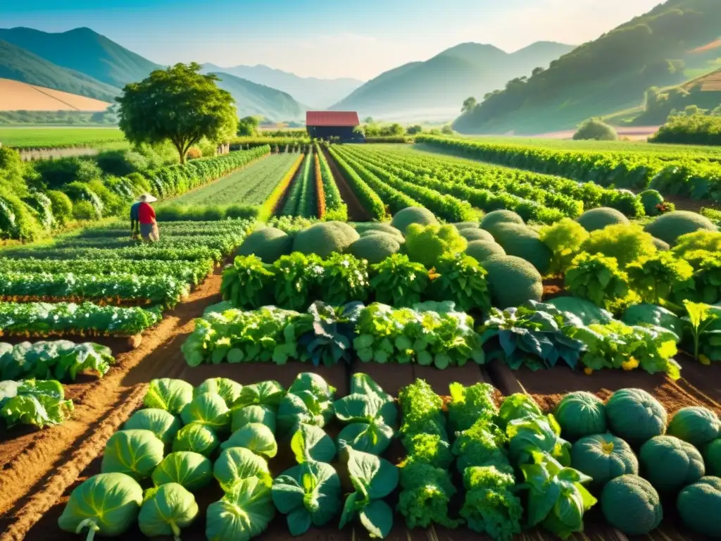 Un próspero huerto orgánico con hileras de vegetales y frutas bañadas por la cálida luz solar