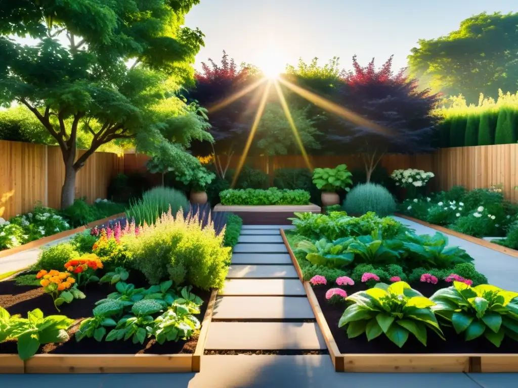 Jardín orgánico sereno y vibrante: armonía sostenible Jardín orgánico próspero con técnicas para reducir desperdicio, rodeado de verdor, flores y frutas
