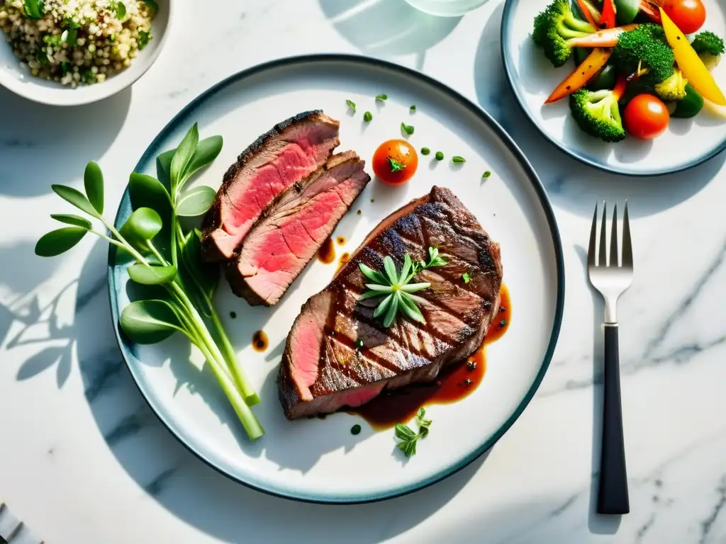 Comparación proteínas carne orgánica: Detallada imagen en 8k de dos platos con jugosos filetes a la parrilla y variadas verduras frescas