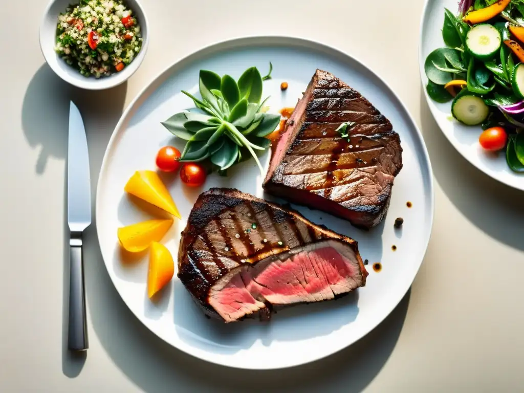 Comparación de proteínas: carne orgánica con verduras vibrantes frente a carne convencional con guarnición sencilla