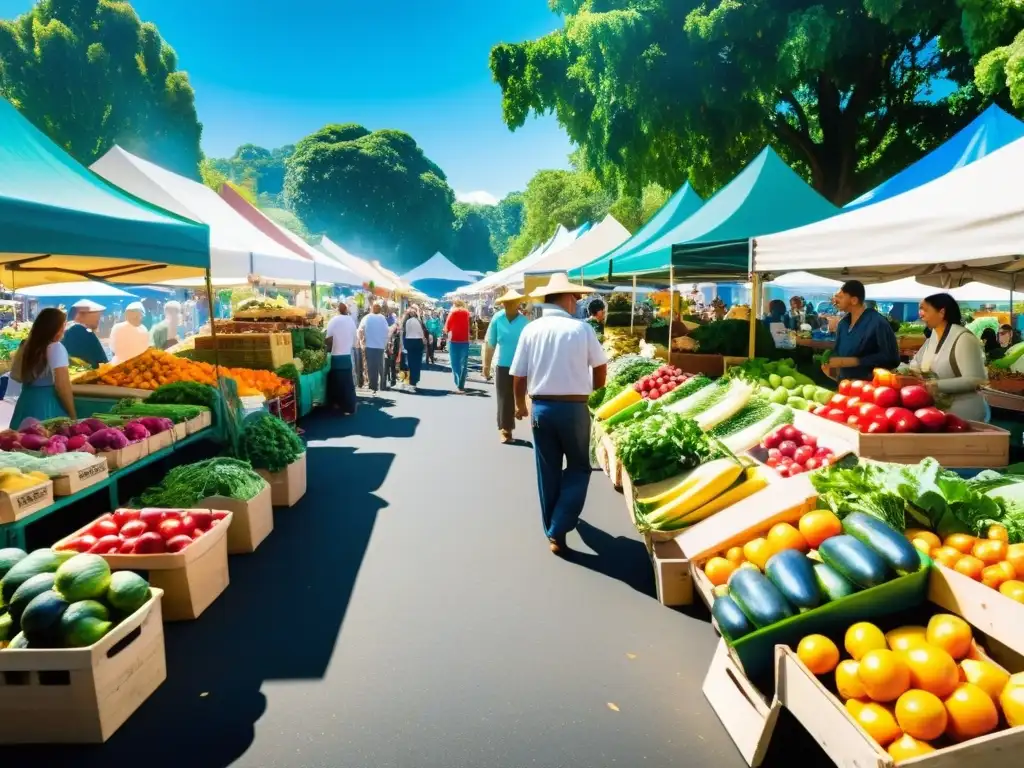 Publicidad de alimentos orgánicos: Animado mercado agrícola con puestos coloridos y productos frescos, rodeado de naturaleza y cielos azules