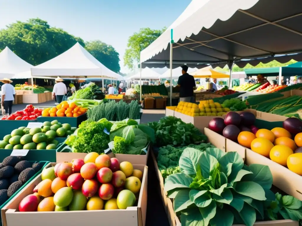 Publicidad de alimentos orgánicos: Un mercado vibrante con frutas y verduras coloridas, bañado por la suave luz del sol y una brisa fresca