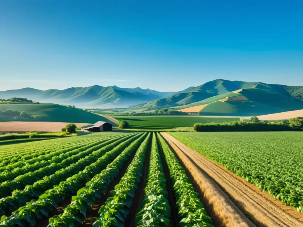 Publicidad para marcas orgánicas: Imagen de granja orgánica bañada por el sol, con campos verdes y cielo azul, evocando armonía y sostenibilidad