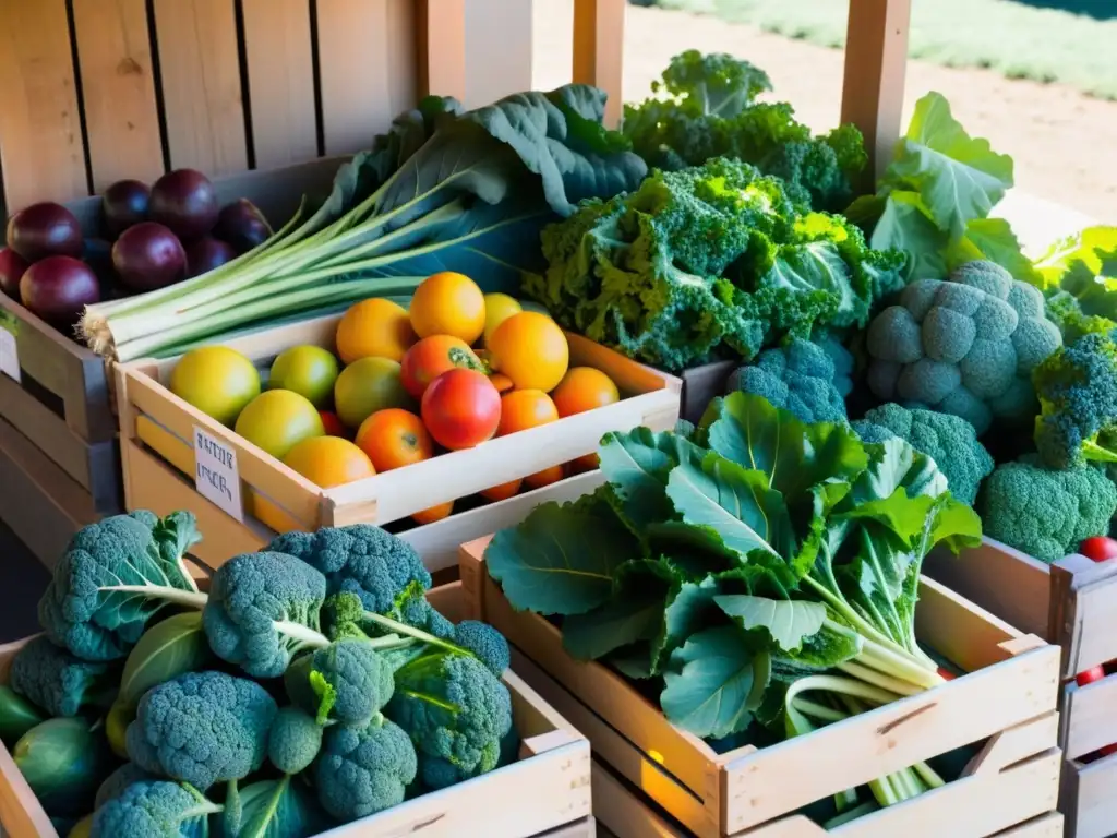 Un puesto de mercado con frutas y verduras orgánicas frescas, iluminado por el sol