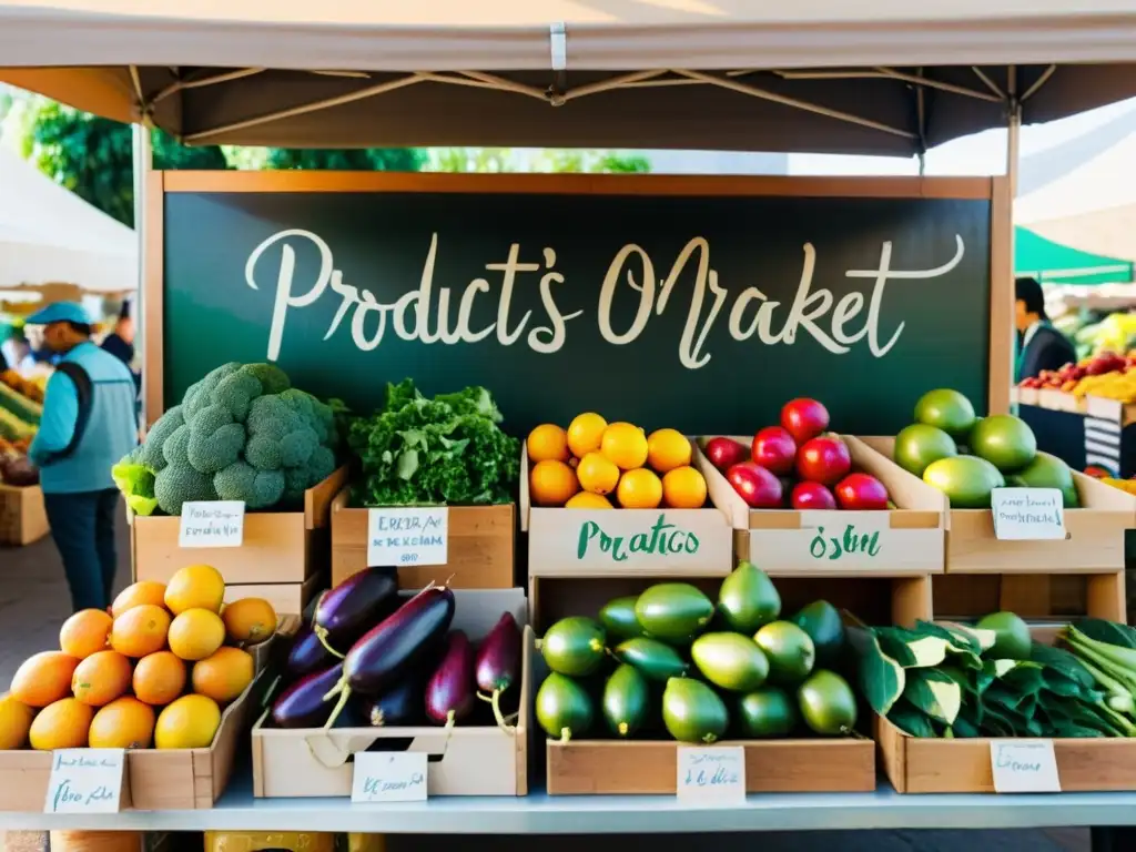 Un puesto de mercado con frutas y verduras orgánicas, iluminado por la luz del sol