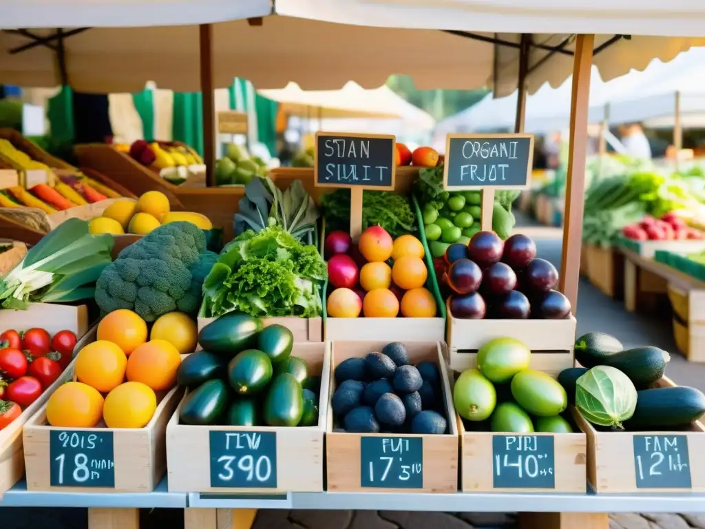 Un puesto de mercado con frutas y verduras orgánicas vibrantes, etiquetadas con transparencia, bañadas por la cálida luz del sol