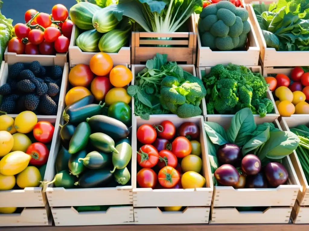 Un puesto de mercado con frutas y verduras orgánicas, resplandeciendo en la luz solar