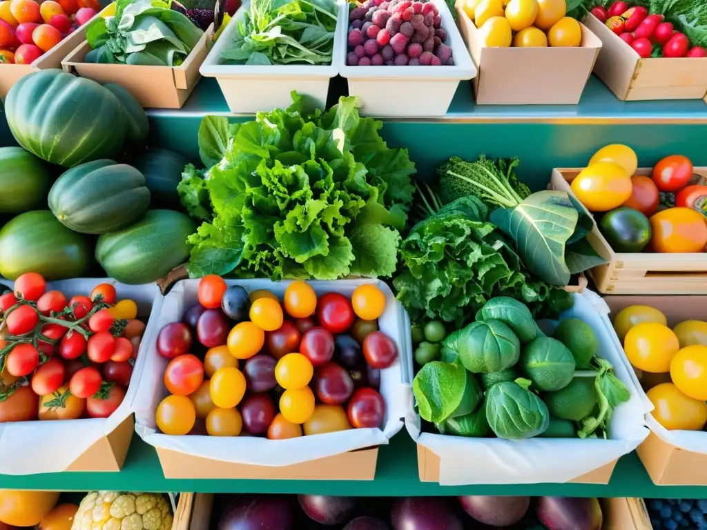 Un puesto de mercado con frutas y verduras orgánicas, bañado por la cálida luz del sol