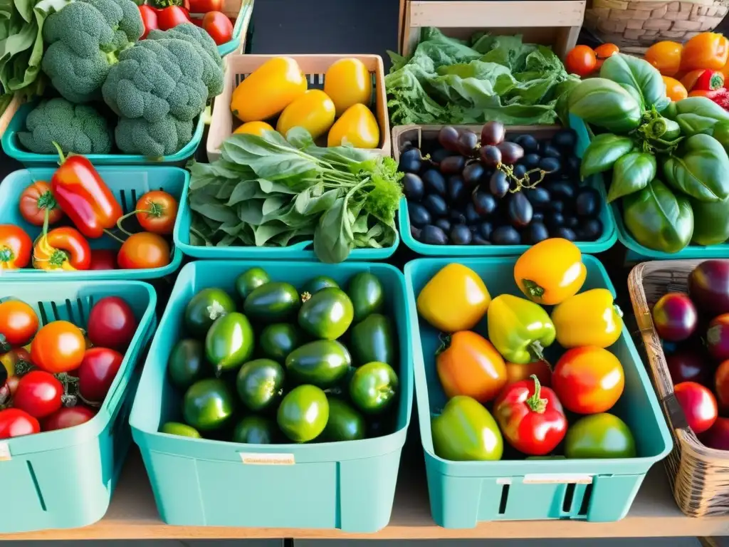 Un puesto de mercado lleno de frutas y verduras orgánicas frescas y coloridas, iluminado por la luz natural